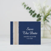 Navy Blue Burlap Lace Wedding rettet das Datum Postkarte (Stehend Vorderseite)