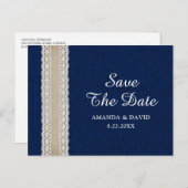 Navy Blue Burlap Lace Wedding rettet das Datum Postkarte (Vorne/Hinten)