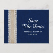 Navy Blue Burlap Lace Wedding rettet das Datum Postkarte (Vorderseite)