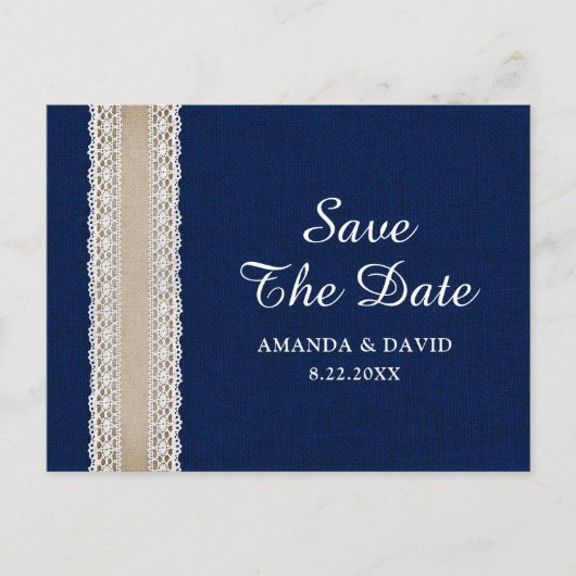 Navy Blue Burlap Lace Wedding rettet das Datum Postkarte (Vorderseite)
