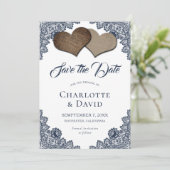 Navy Blue Burlap Lace Wedding Save the Date Card (Stehend Vorderseite)