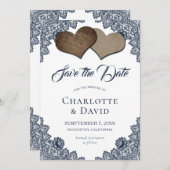 Navy Blue Burlap Lace Wedding Save the Date Card (Vorne/Hinten)