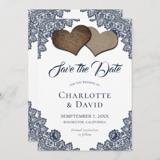 Navy Blue Burlap Lace Wedding Save the Date Card (Vorne/Hinten)