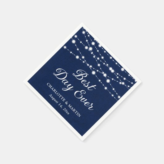 Navy Blue Burlap String Lights Rustikale Hochzeit Serviette (Ecke)