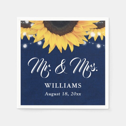 Navy Blue Burlap String Lights Sunflower Wedding Serviette (Vorderseite)