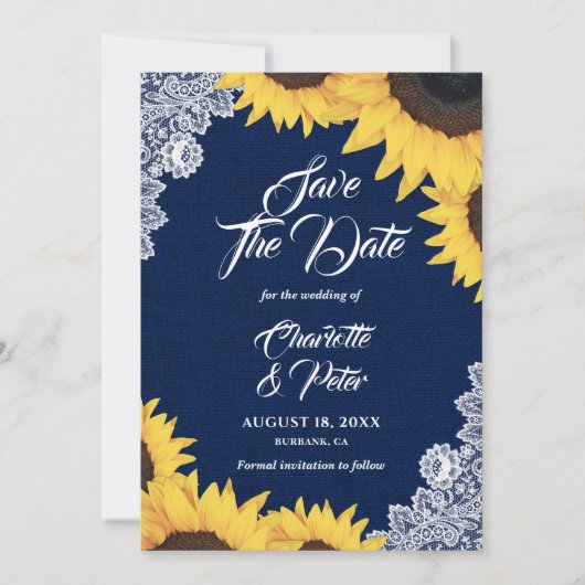 Navy Blue Burlap und Sonnenblumen speichern die Da Save The Date (Vorderseite)