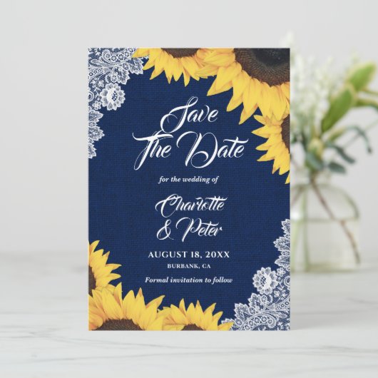Navy Blue Burlap und Sonnenblumen speichern die Da Save The Date (Stehend Vorderseite)