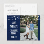 Navy Blue Burlap Wedding Save the Date Foto Ankündigungspostkarte (Vorne/Hinten)