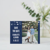 Navy Blue Burlap Wedding Save the Date Foto Ankündigungspostkarte (Stehend Vorderseite)