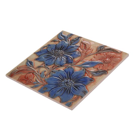 Navy Blue Burnt Orange Blumenwall Dekoration Fliese (Seite)