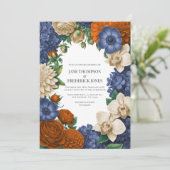 Navy Blue, Burnt Orange & Champagne Wedding Einladung (Stehend Vorderseite)