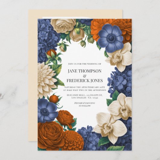 Navy Blue, Burnt Orange & Champagne Wedding Einladung (Vorne/Hinten)