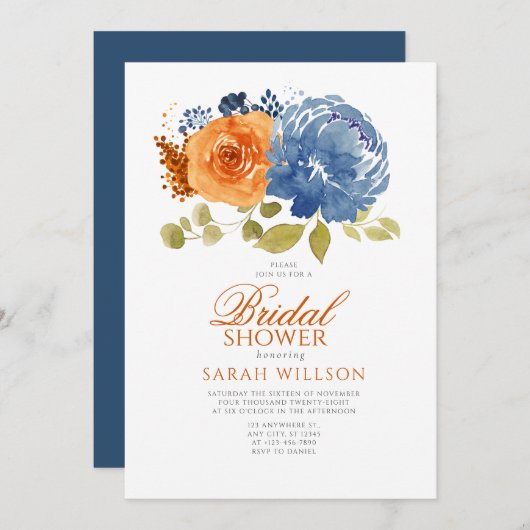Navy Blue Burnt Orange Floral Brautparty Einladung (Vorne/Hinten)