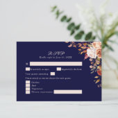 Navy Blue Burnt Orange Floral Wedding RSVP Card (Stehend Vorderseite)