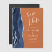 Navy Blue Burnt Orange Magnetic Save the Date Magnetkarte (Vorne/Hinten)