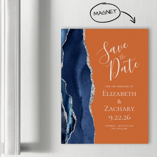 Navy Blue Burnt Orange Magnetic Save the Date Magnetkarte