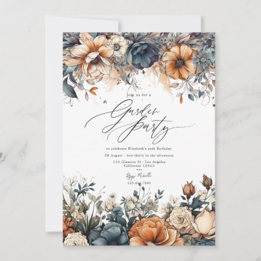 Navy Blue, Burnt Orange und Champagne Garden Party Einladung (Vorderseite)