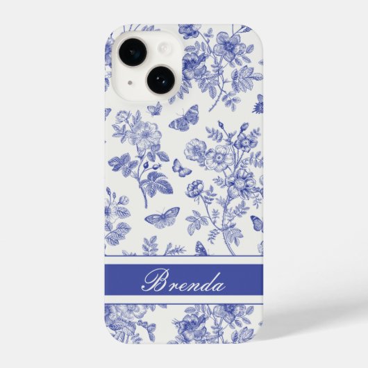 Navy Blue Butterfly Toile iPhone 14 Fall iPhone Hülle (Rückseite)