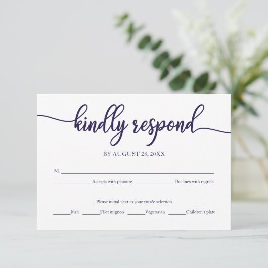 Navy Blue Calligraphy Wedding RSVP Card (Stehend Vorderseite)