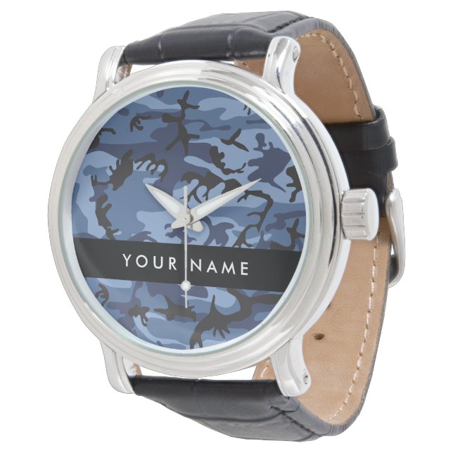 Navy Blue Camouflage Ihr Name Personalize Armbanduhr (Schrägansicht)