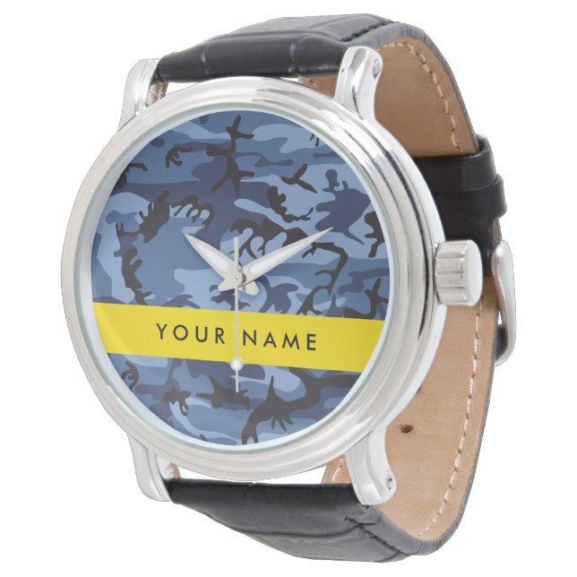 Navy Blue Camouflage Ihr Name Personalize Armbanduhr (Schrägansicht)