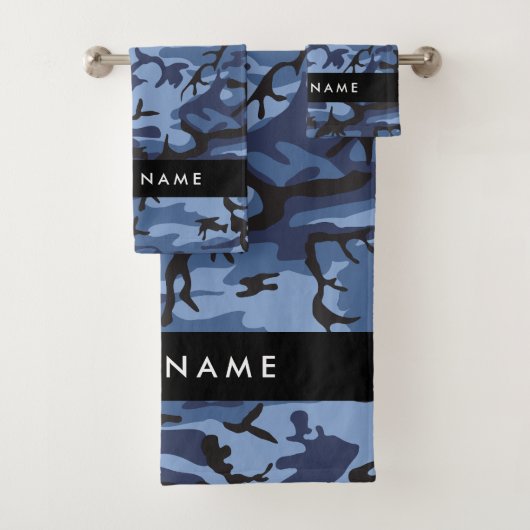 Navy Blue Camouflage Ihr Name Personalize Badhandtuch Set (Insitu)