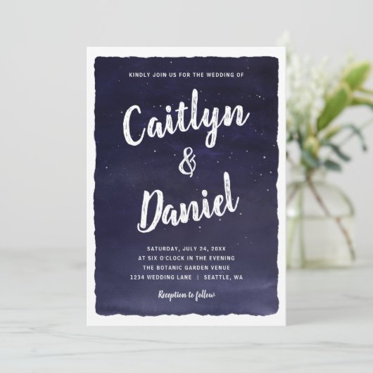 Navy Blue Celestial Night Sky Wedding Einladung (Stehend Vorderseite)