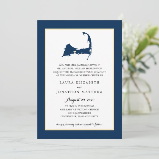 Navy Blue Centerville Cape Cod Map Hochzeit Einladung (Stehend Vorderseite)