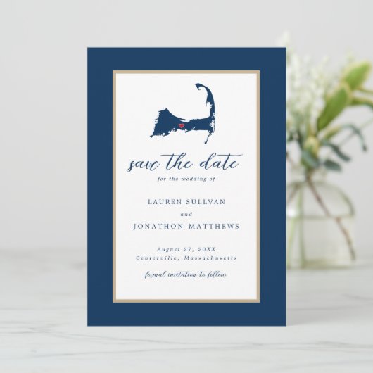 Navy Blue Centerville Cape Cod Map Save the Date (Stehend Vorderseite)