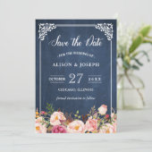 Navy Blue Chalkboard Pink Floral Save the Date (Stehend Vorderseite)
