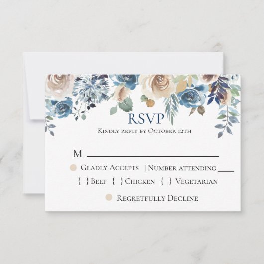 Navy Blue Champagne Floral Wedding RSVP (Vorderseite)