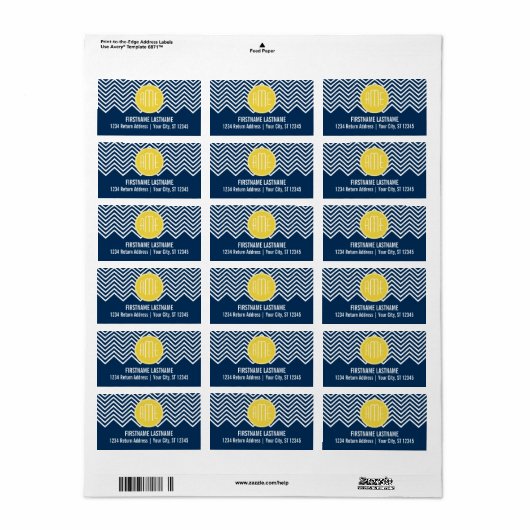 Navy Blue Chevrons mit Custom Yellow Monogram Adressaufkleber (Vorne)
