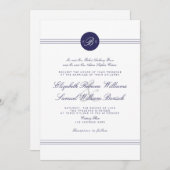 Navy Blue Chic White Monogram Wedite Einladung (Vorne/Hinten)