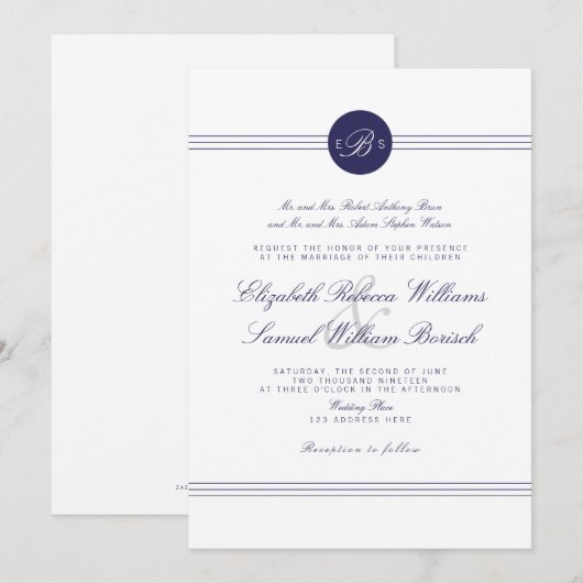 Navy Blue Chic White Monogram Wedite Einladung (Vorne/Hinten)