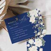 Navy Blue Chinoiserie Bird Peony Wedding RSVP
