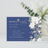Navy Blue Chinoiserie Bird Peony Wedding RSVP Karte (Stehend Vorderseite)