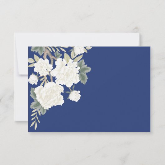 Navy Blue Chinoiserie Bird Peony Wedding RSVP Karte (Rückseite)