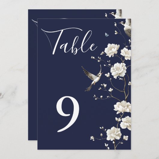Navy Blue Chinoiserie Blumengarten Tischnummern (Vorne/Hinten)