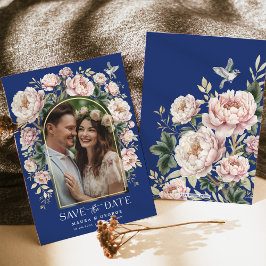 Navy Blue Chinoiserie Florals Foto Save the Date Einladung