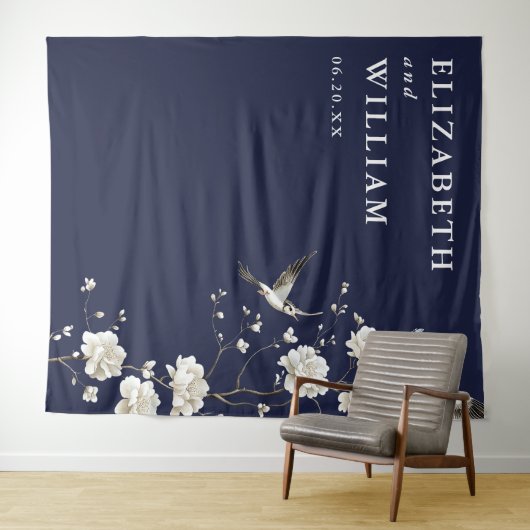 Navy Blue Chinoiserie Hochzeitsreise Foto Hintergr Wandteppich (Beispiel (Horizontal))
