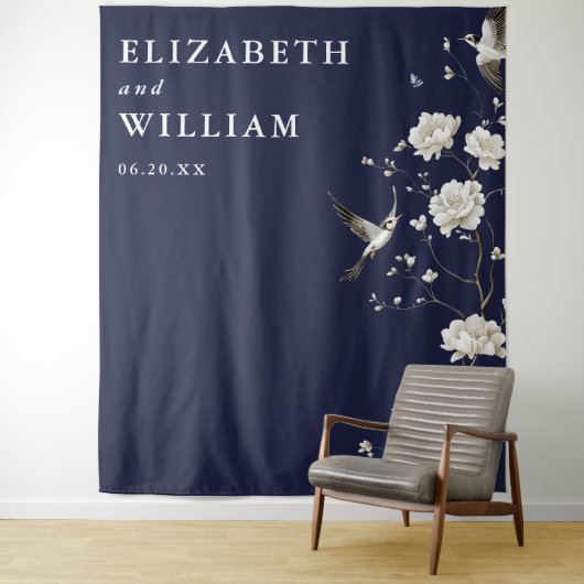 Navy Blue Chinoiserie Hochzeitsreise Foto Hintergr Wandteppich (Beispiel)