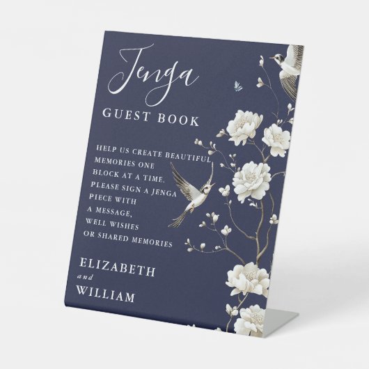 Navy Blue Chinoiserie Jenga Gästebuch Hochzeit Sockelschild (Vorderseite)