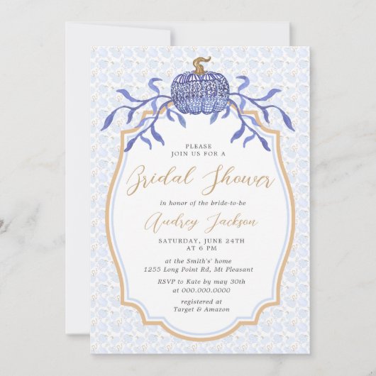 Navy Blue Chinoiserie Pumpkin Fall Brautparty Einladung (Vorderseite)