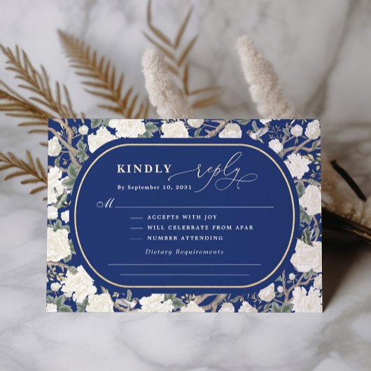 Navy Blue Chinoiserie Weiße Blume Hochzeit RSVP Karte