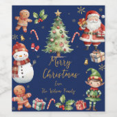 Navy Blue Christmas Santa Elf Snowman Gingerbread  Weinetikett (Einzelnes Label)