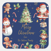 Navy Blue Christmas Santa Elf Snowman Gingerbrot Quadratischer Aufkleber (Vorderseite)