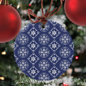 Navy Blue Christmas Snowflake Photo Custom Keramik Ornament
