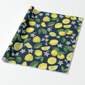 Navy Blue Citrus Lemon Floral Geschenkpapier (Ungerollt)