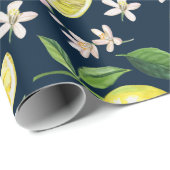 Navy Blue Citrus Lemon Floral Geschenkpapier (Rolleneckpunkt)