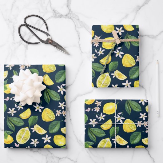 Navy Blue Citrus Lemon Floral Geschenkpapier Set (Vorderseite)